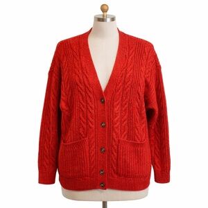 Ann Taylor LOFT Red Cable Knit Cardigan Sweater | Cozy Pockets Sz L